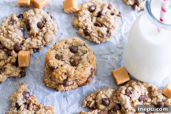 Caramel-Stuffed Oatmeal Treasures 7 Caramel-Stuffed Oatmeal Chocolate Chip Cookie, ready to eat