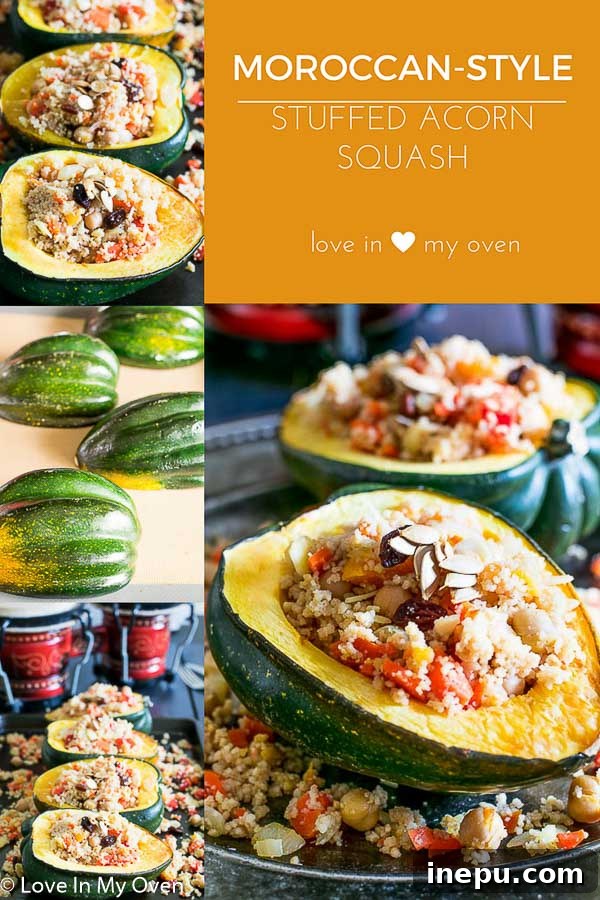 Moroccan Couscous Stuffed Acorn Squash, topped with roasted seeds, perfect for pinning