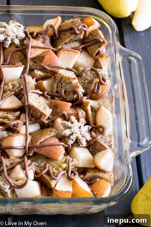 Decadent Nutella Pear French Toast Bake, ready for serving