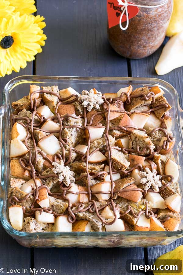 Overnight Nutella Pear French Toast Casserole with fresh pears