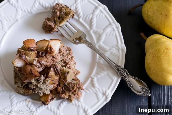 Finished Nutella Pear French Toast Bake, topped with more Nutella