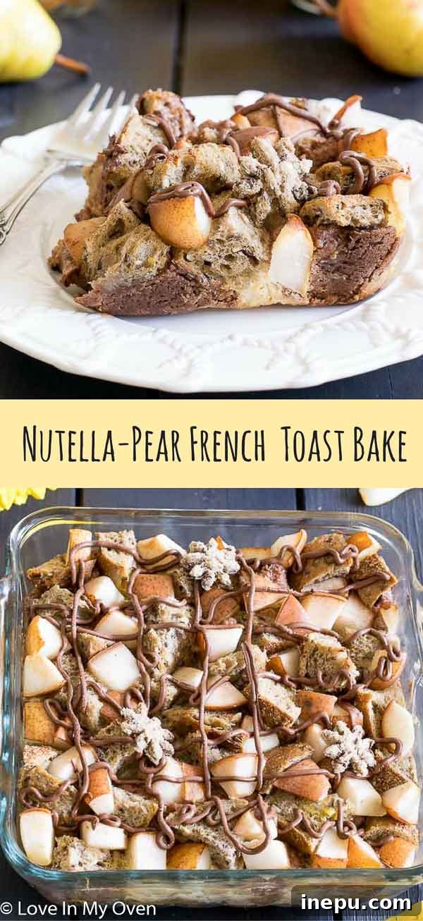 Nutella Pear French Toast Bake covered in powdered sugar