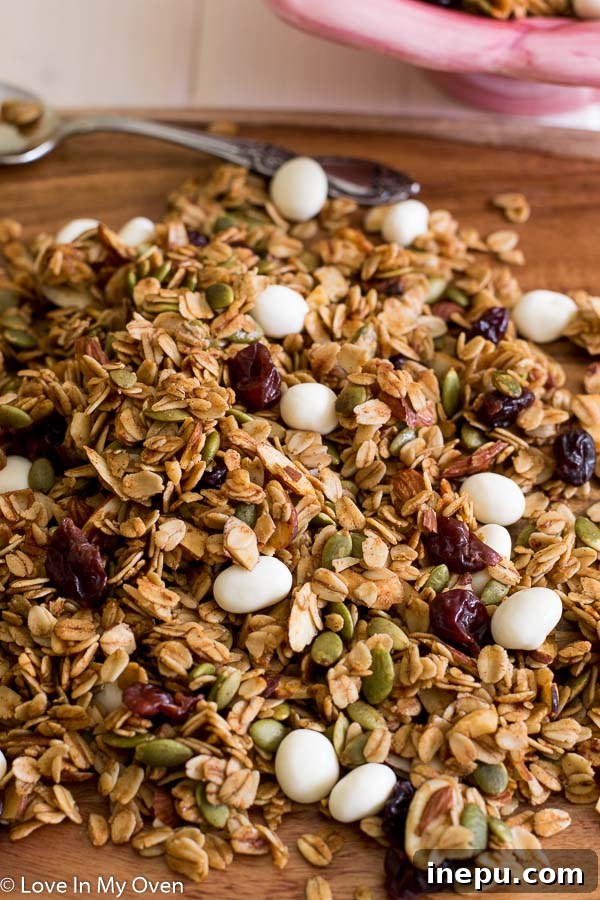 Sweet Cherry Toasted Almond Granola 3 Close-up of cherry almond granola showing dried cherries, slivered almonds, and yogurt covered raisins