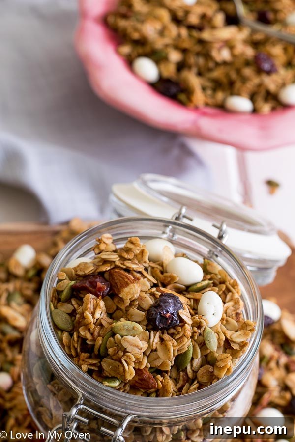 Sweet Cherry Toasted Almond Granola 5 Finished cherry almond granola in a bowl, ready to be served