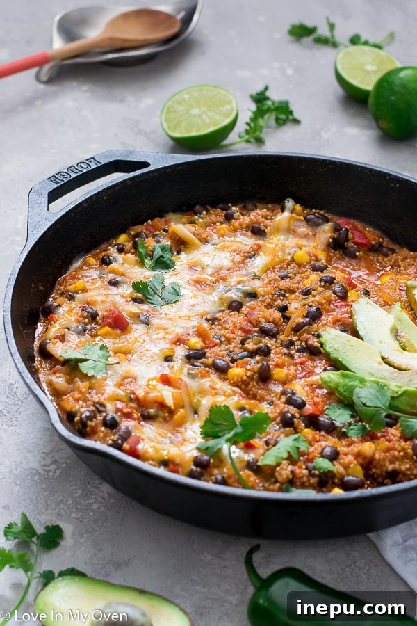 A serving of cheesy Mexican quinoa casserole, showing the rich texture and vibrant colors of the ingredients, ready to be enjoyed.