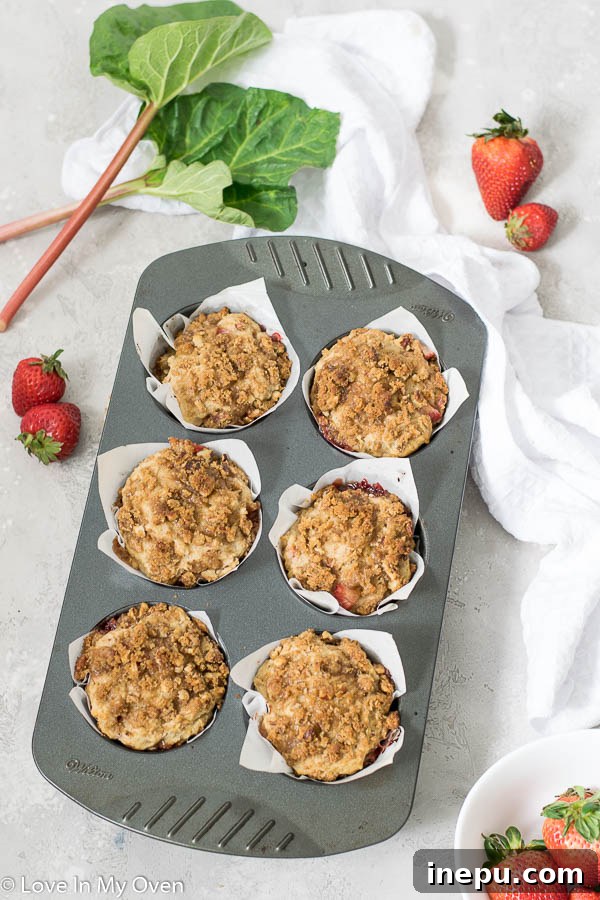 Plate of baked jumbo strawberry rhubarb muffins with streusel topping.