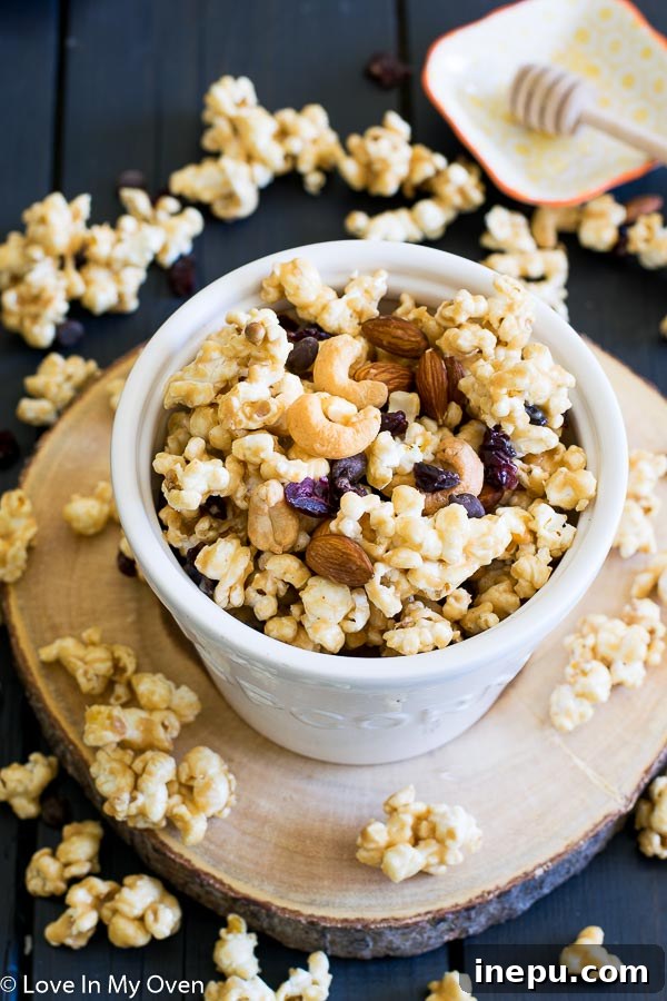 Trailblazer Popcorn 3 Trail Mix Popcorn in a bowl, ready for snacking