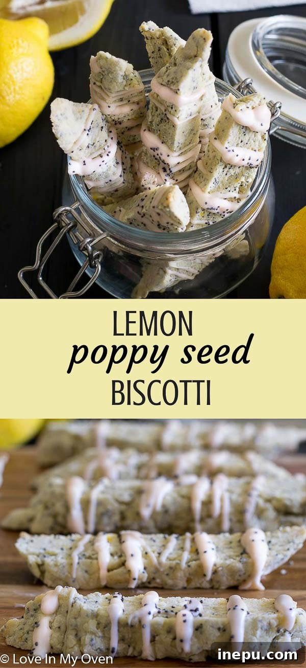 Zesty Lemon Poppy Seed Biscotti 9 Tall, artistic shot of a stack of lemon poppy seed biscotti next to a minimalist tea cup and saucer