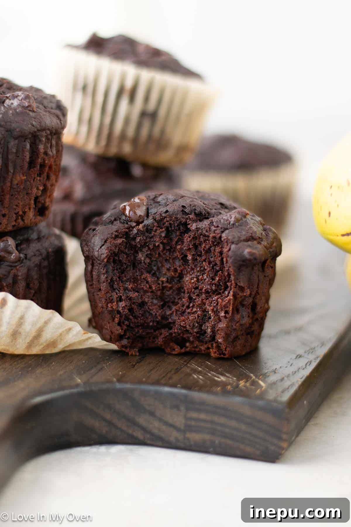 Healthy double chocolate banana muffins close-up