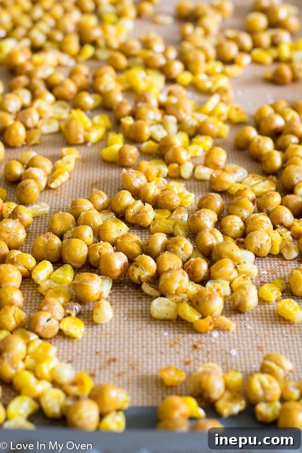 Close-up of roasted corn and chickpeas