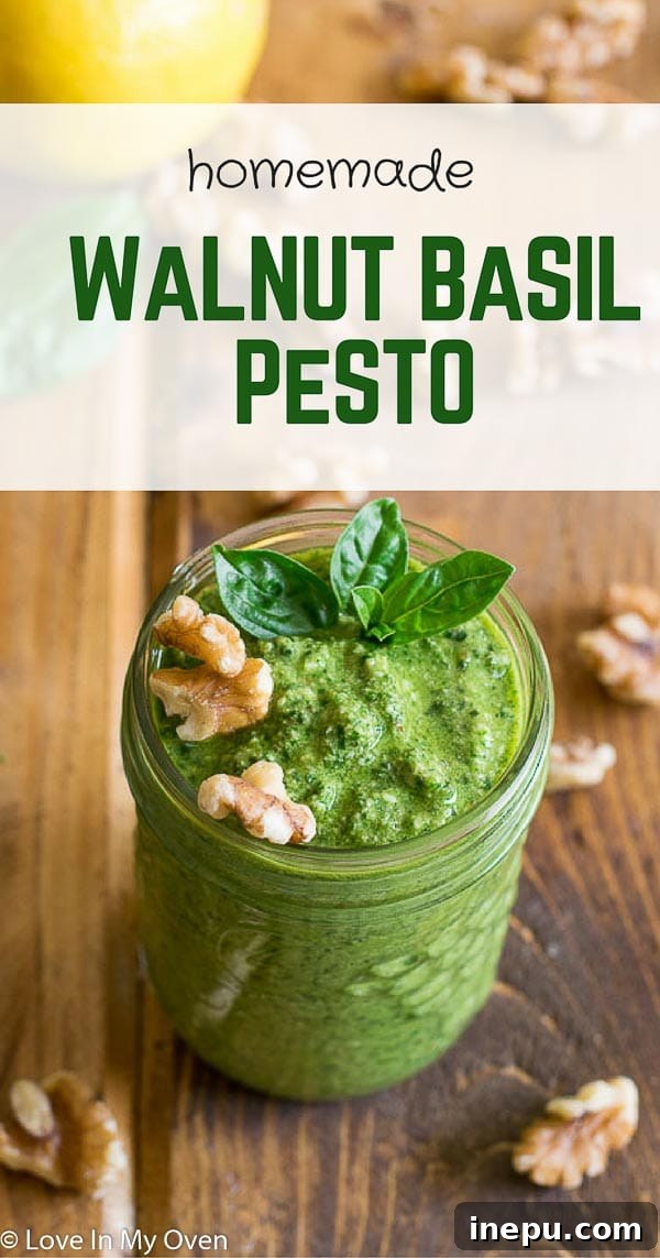 A beautifully presented slice of toast generously spread with walnut basil pesto, accompanied by fresh basil leaves and scattered walnuts on a wooden board.