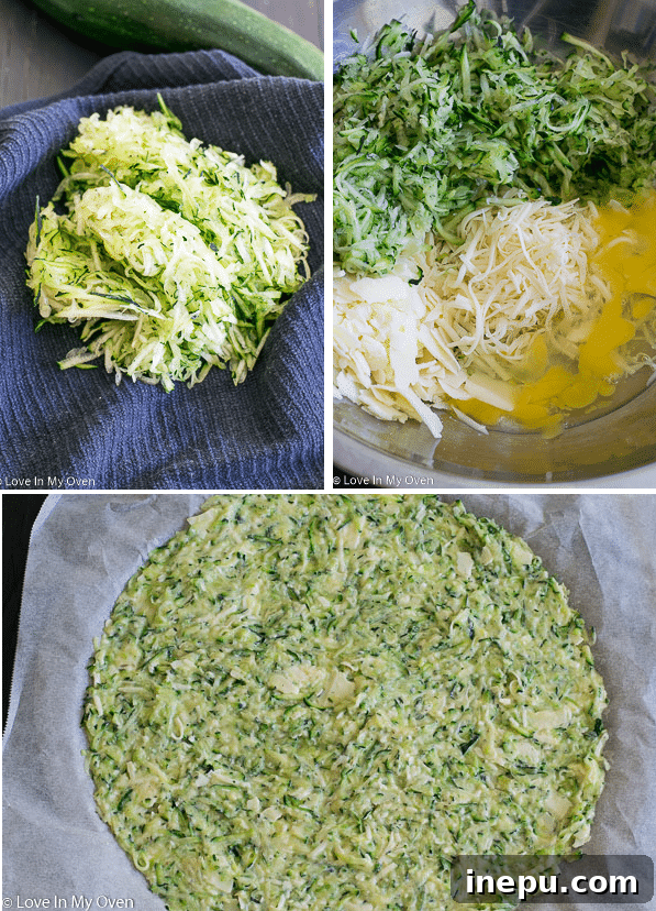 Gluten-Free Zucchini Crust Pizza 4 Chef squeezing excess moisture from shredded zucchini