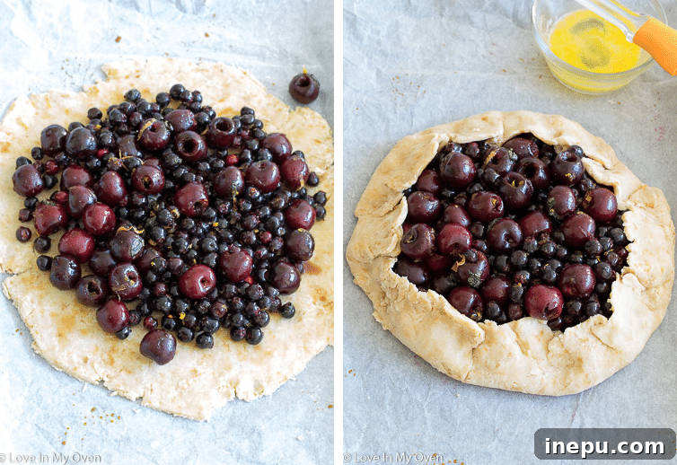 step-by-step assembly of saskatoon cherry galette
