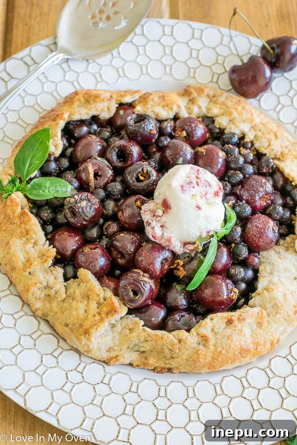 overhead shot of a baked saskatoon cherry galette
