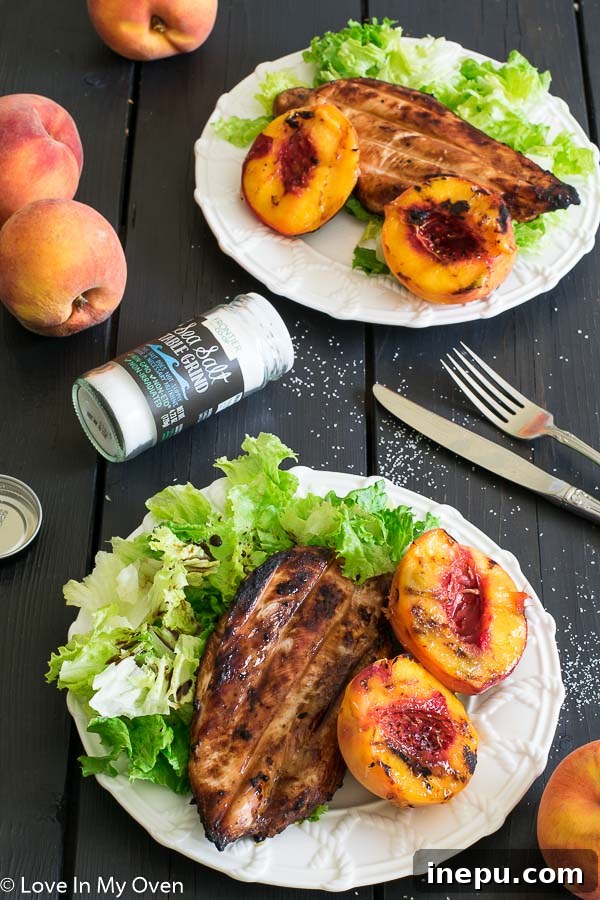 Grilled Chicken with Sea Salted Peaches on a bed of lettuce