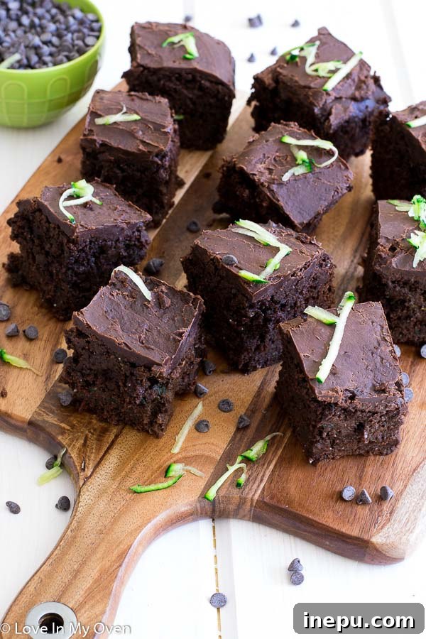 Guilt-Free Double Chocolate Zucchini Brownies 3 Closeup of fudgy healthy zucchini brownies with chocolate chips