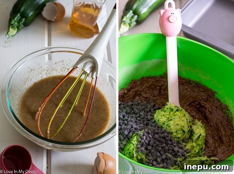 Guilt-Free Double Chocolate Zucchini Brownies 5 Cute pig-shaped spoon stirring zucchini brownie batter in a mixing bowl