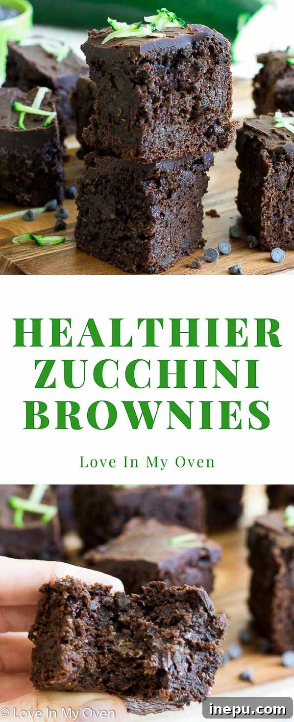 Guilt-Free Double Chocolate Zucchini Brownies 8 Pin graphic for healthier double chocolate zucchini brownies recipe