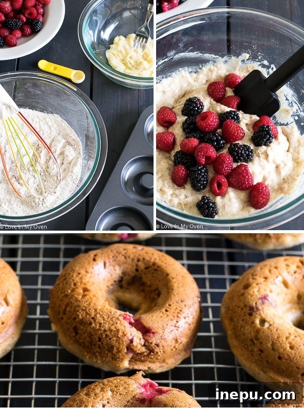 Baked Donuts in a Pan - Freshly baked berry donuts cooling in a donut pan.