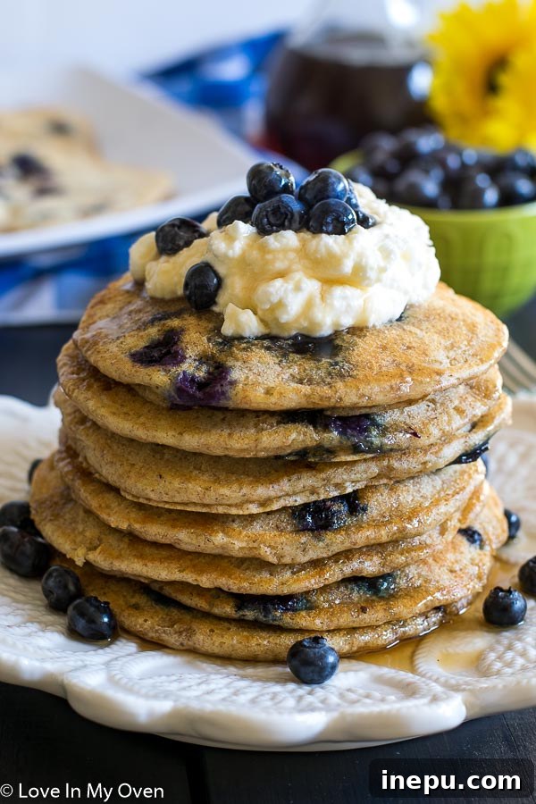 Delicious Whole Wheat Blueberry Buttermilk Pancakes Stacked