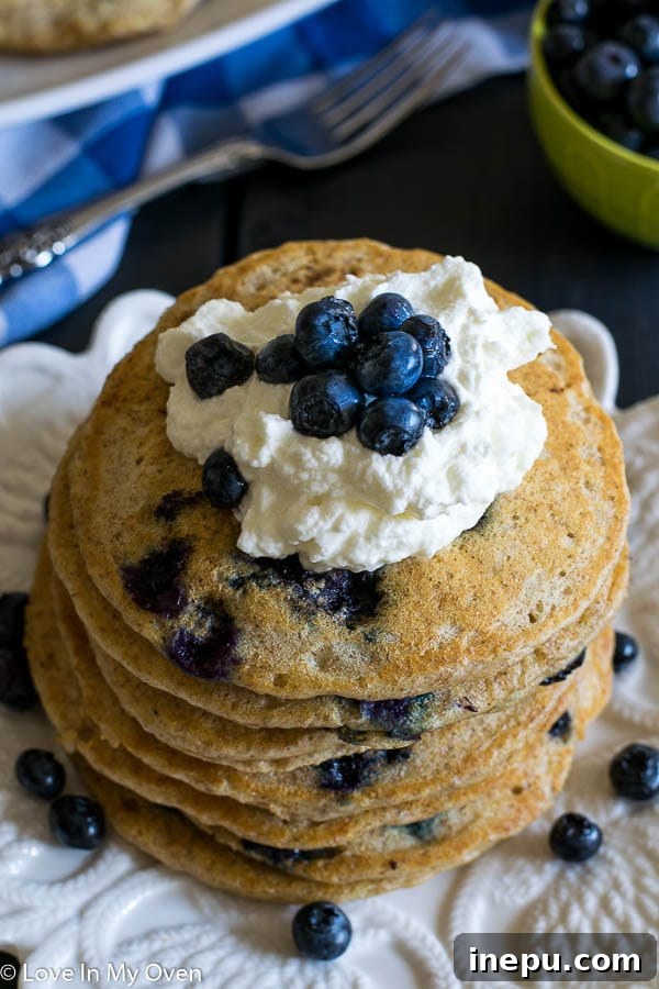 Finished plate of Whole Wheat Blueberry Buttermilk Pancakes