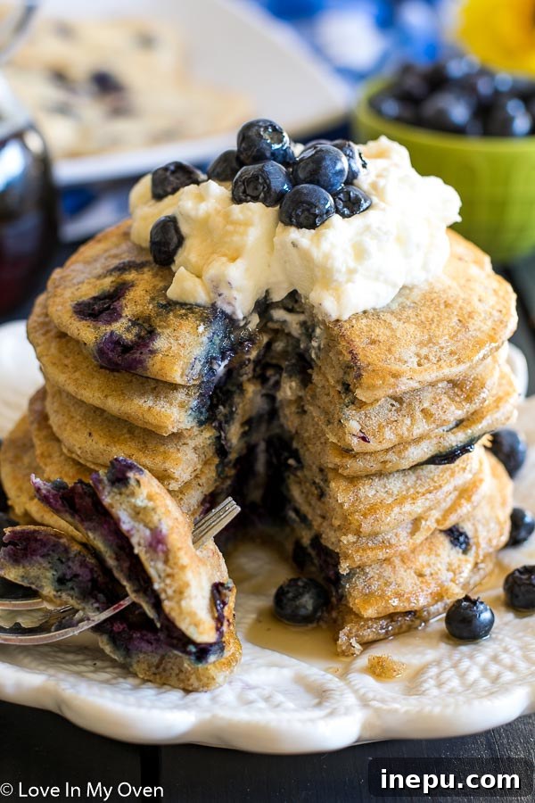Overhead view of blueberry buttermilk pancakes