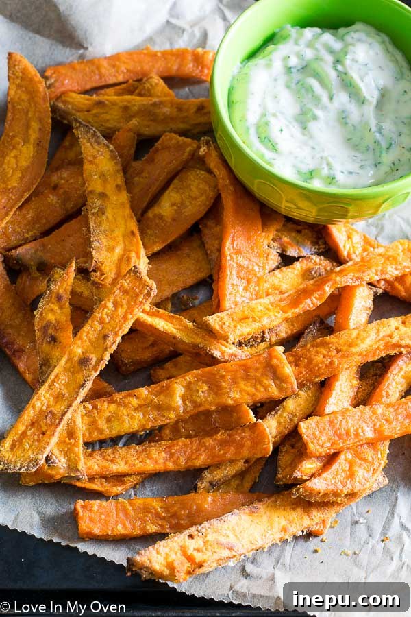 Crispy Sweet Potato Fries and Creamy Dill Dip 2 Perfectly Crispy Sweet Potato Fries with Creamy Dill Dip