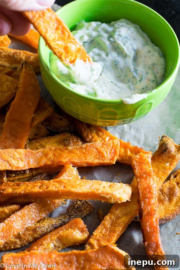 Crispy Sweet Potato Fries and Creamy Dill Dip 7 Sweet Potato Fries with Dill Dip, Ready to Serve