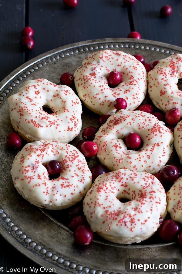 White chocolate cranberry donuts stacked