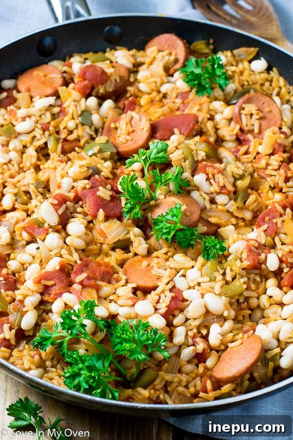 Closeup of Zesty Sausage and White Bean Skillet with rice