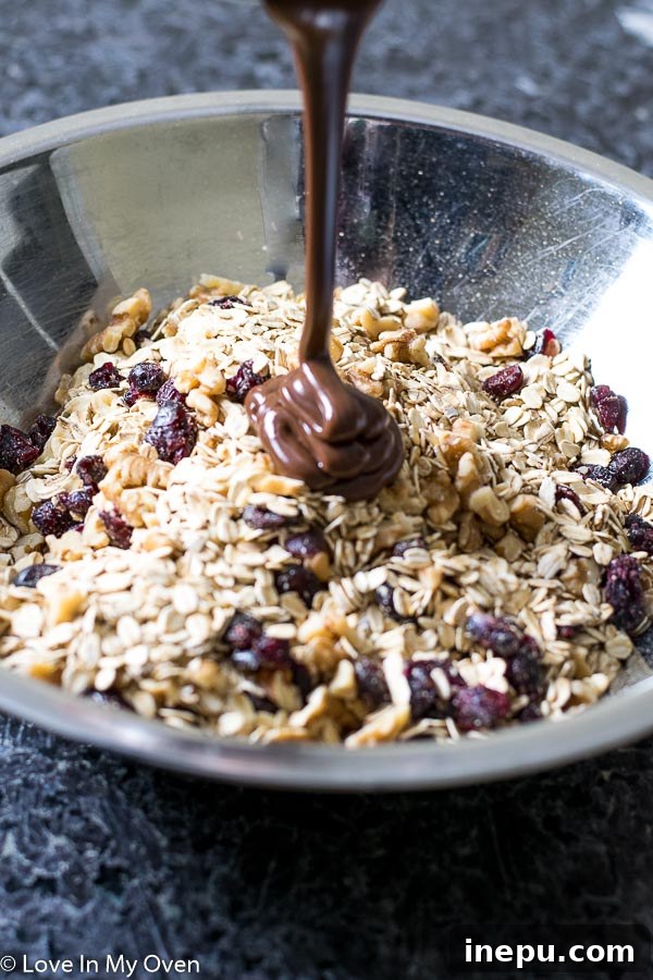 Nutella Swirl Walnut Granola 3 Close-up of the delicious Nutella and honey mixture for granola