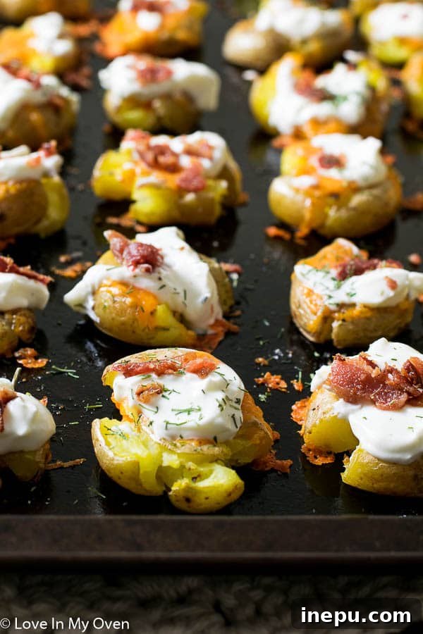 Close-up of Loaded Smashed Potatoes