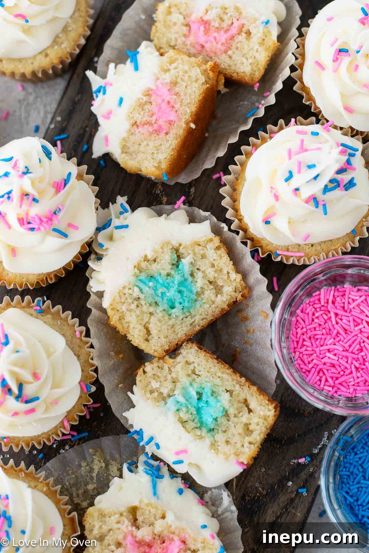 Sweet Gender Surprise 18 The joyful reveal: a close-up of a pink-filled gender reveal cupcake, celebrating the news of a baby girl.
