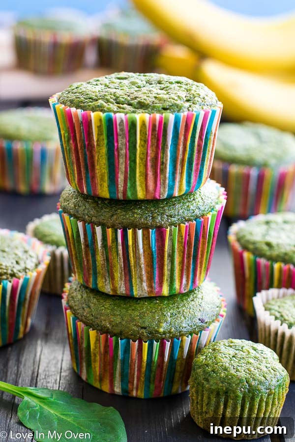 Emerald Monster Muffins 2 Delicious and healthy green monster muffins with spinach and banana, perfect for kids and adults.