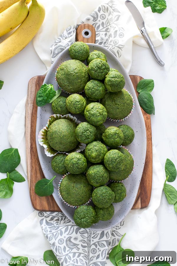 Emerald Monster Muffins 10 Green monster muffins in a basket, ready to be served as a healthy snack.
