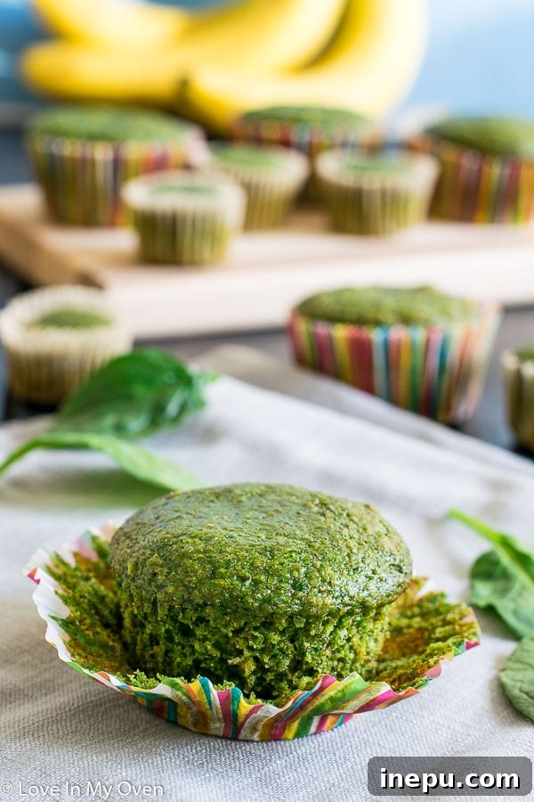 Emerald Monster Muffins 3 Close-up of fluffy, green monster muffins showing their vibrant color and inviting texture.