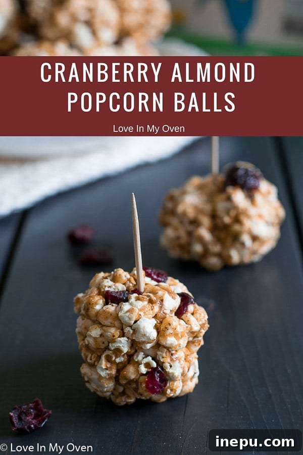 Final image of Cranberry Almond Popcorn Balls