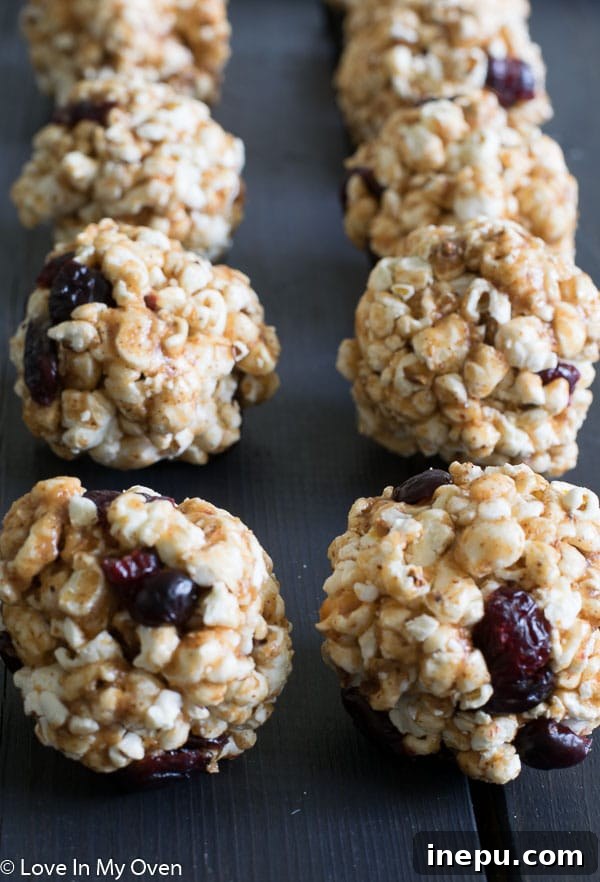 Finished Cranberry Almond Popcorn Balls ready to eat