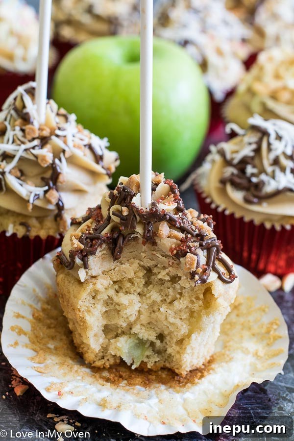 Toffee Apple Temptation Cupcakes 5 close-up of decorated caramel apple cupcakes
