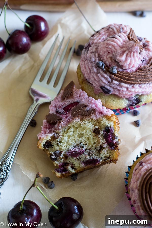 Beautifully Frosted Chocolate Cherry Chip Cupcakes