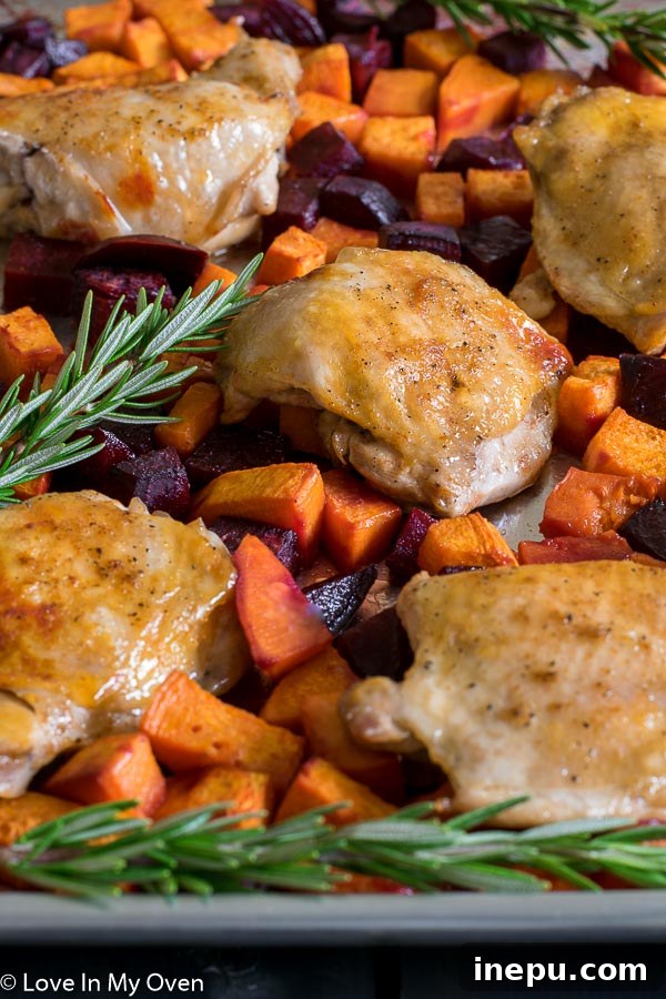 Sweet & Earthy Sheet Pan Chicken Dinner 3 Sheet Pan Chicken with Sweets n Beets - close-up of roasted chicken thigh