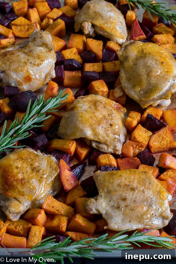 Sweet & Earthy Sheet Pan Chicken Dinner 4 Sheet Pan Chicken with Sweets n Beets - finished dish ready to serve