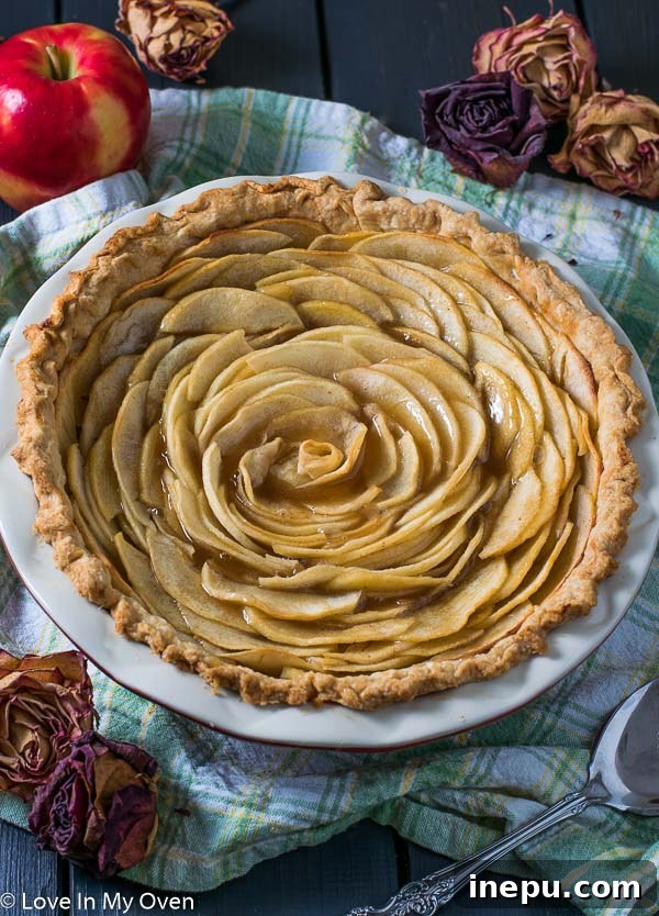 Salted Caramel Apple Rose Pie, a stunning dessert with apple slices arranged like roses