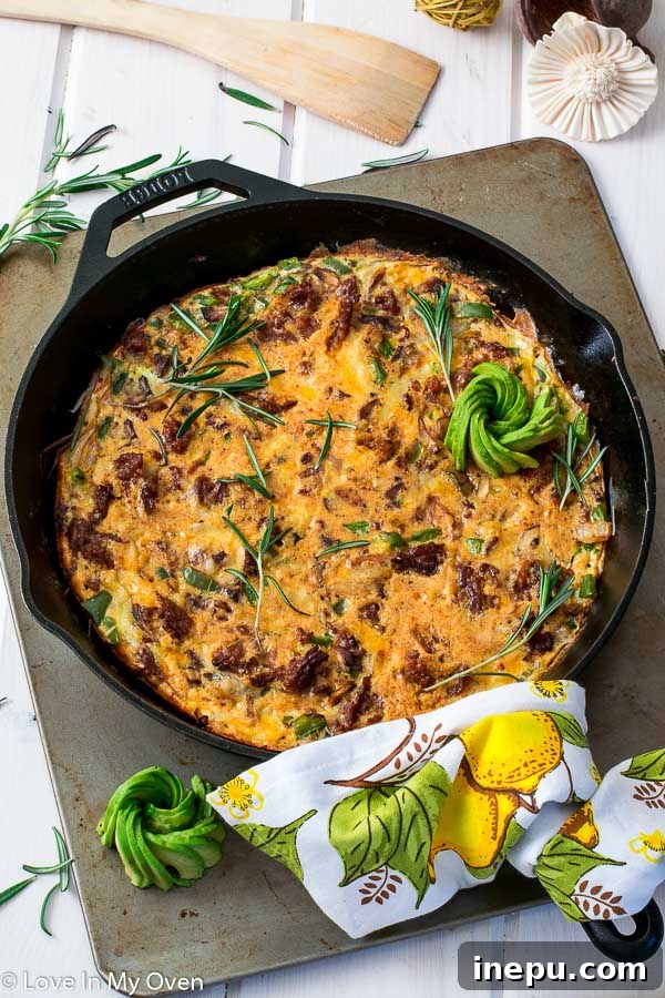 Spicy Keto Chorizo Frittata 2 Delicious Keto Chorizo Frittata in a cast iron skillet, ready to serve