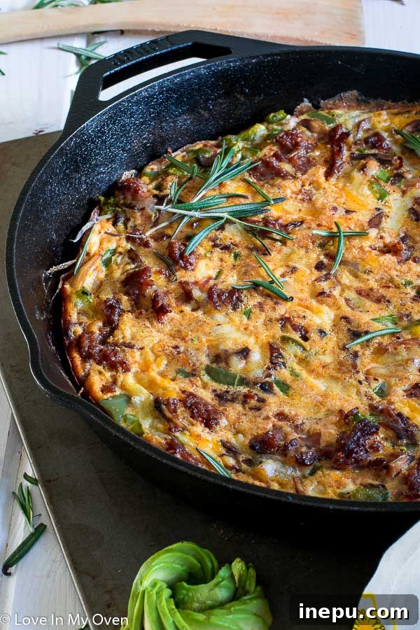 Spicy Keto Chorizo Frittata 3 Close-up of freshly cooked Keto Chorizo Frittata, showcasing texture and ingredients