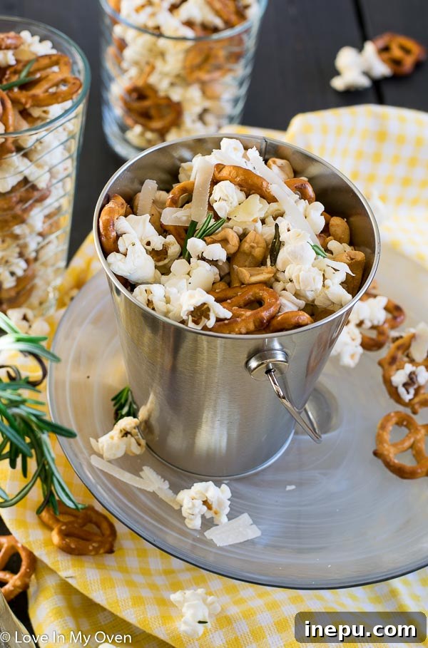 Close-up of Parmesan Rosemary Snack Mix