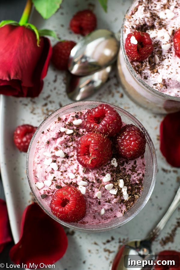 Easy Raspberry & Chocolate Mousse, featuring fresh flowers