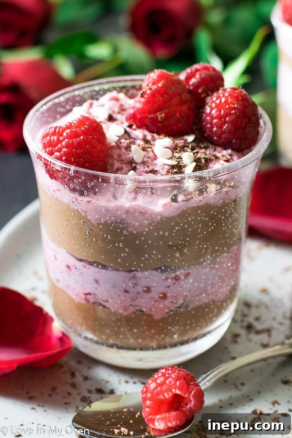 Easy Raspberry & Chocolate Mousse in a glass, ready to serve