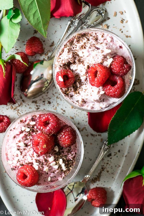Easy Raspberry & Chocolate Mousse, top view with raspberries