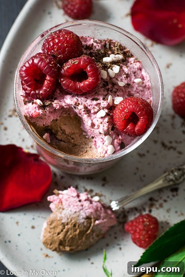 Easy Raspberry & Chocolate Mousse, close-up with chocolate shavings